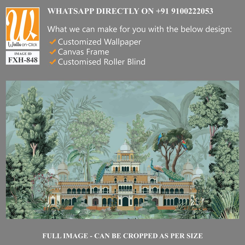 Traditional Mughal Garden Illustration, Mughal Palace, Peacock, Mughal Mural Illustration. [WP-FXH-848]