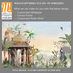 Mughal Mural Illustration, Mughal Garden, Dome, Peacock, Watercolor Background, Birds. [WP-FXH-849]