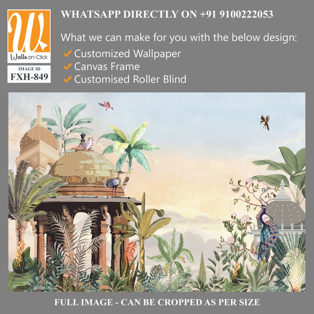 Mughal Mural Illustration, Mughal Garden, Dome, Peacock, Watercolor Background, Birds. [WP-FXH-849]