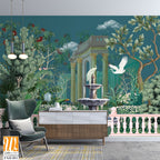 Ancient Roman garden with fountain, temple, dome, peacock, parrot, bird, flower, wallpaper illustration. [WP-FXH-851]