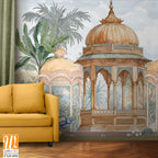 Mughal garden pavilion, temple, peacock, parrot, flower, tree illustration for wallpaper [WP-FXH-858]
