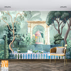 Mughal garden with pond, arch illustration for wallpaper. Dome Peacock, Botanical tree landscape illustration and swan in a beautiful lake. [WP-FXH-860]
