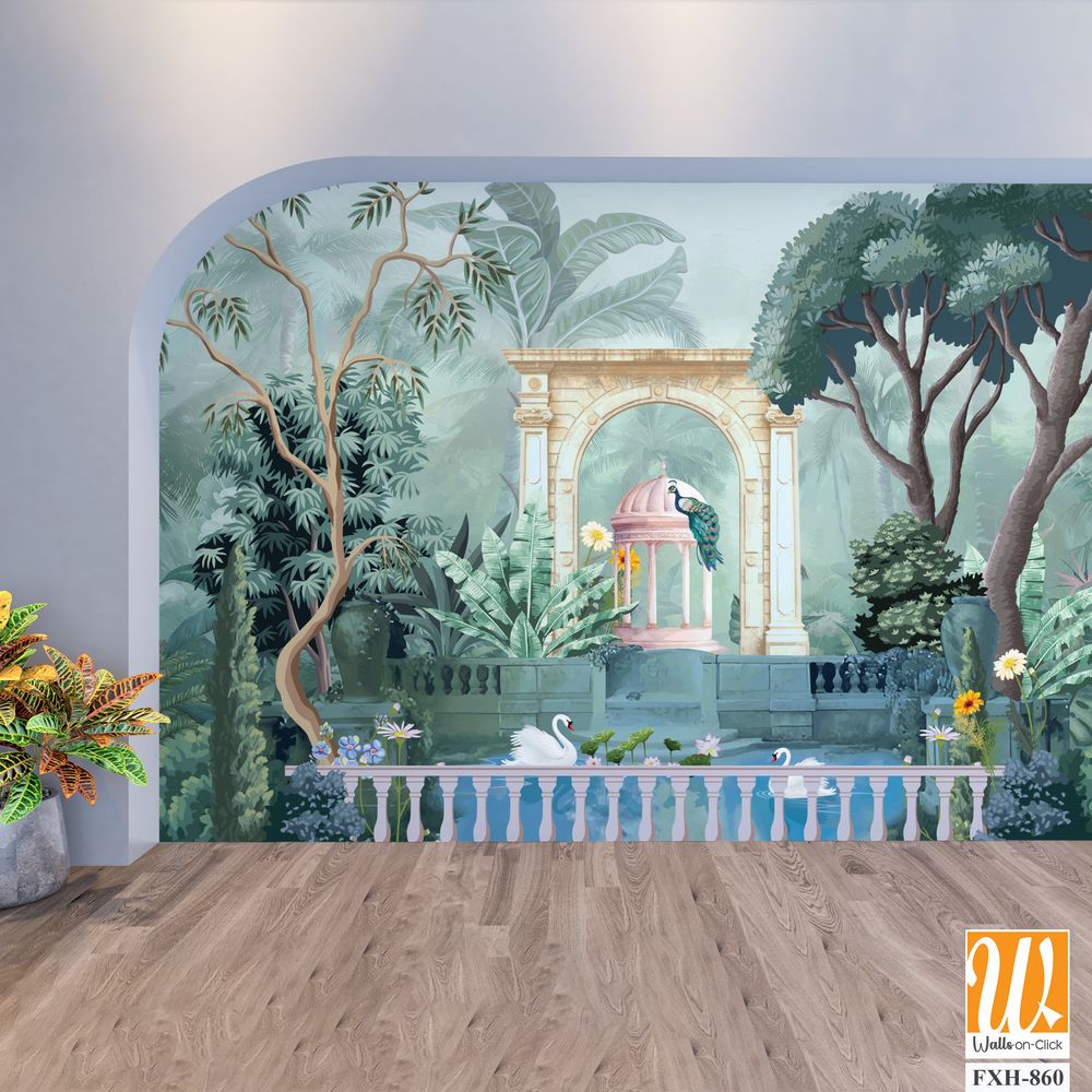 Mughal garden with pond, arch illustration for wallpaper. Dome Peacock, Botanical tree landscape illustration and swan in a beautiful lake. [WP-FXH-860]