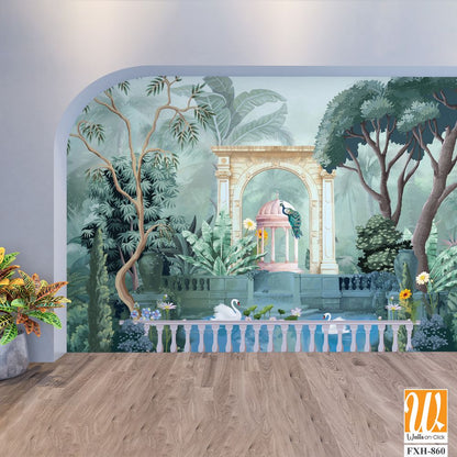 Mughal garden with pond, arch illustration for wallpaper. Dome Peacock, Botanical tree landscape illustration and swan in a beautiful lake. [WP-FXH-860]