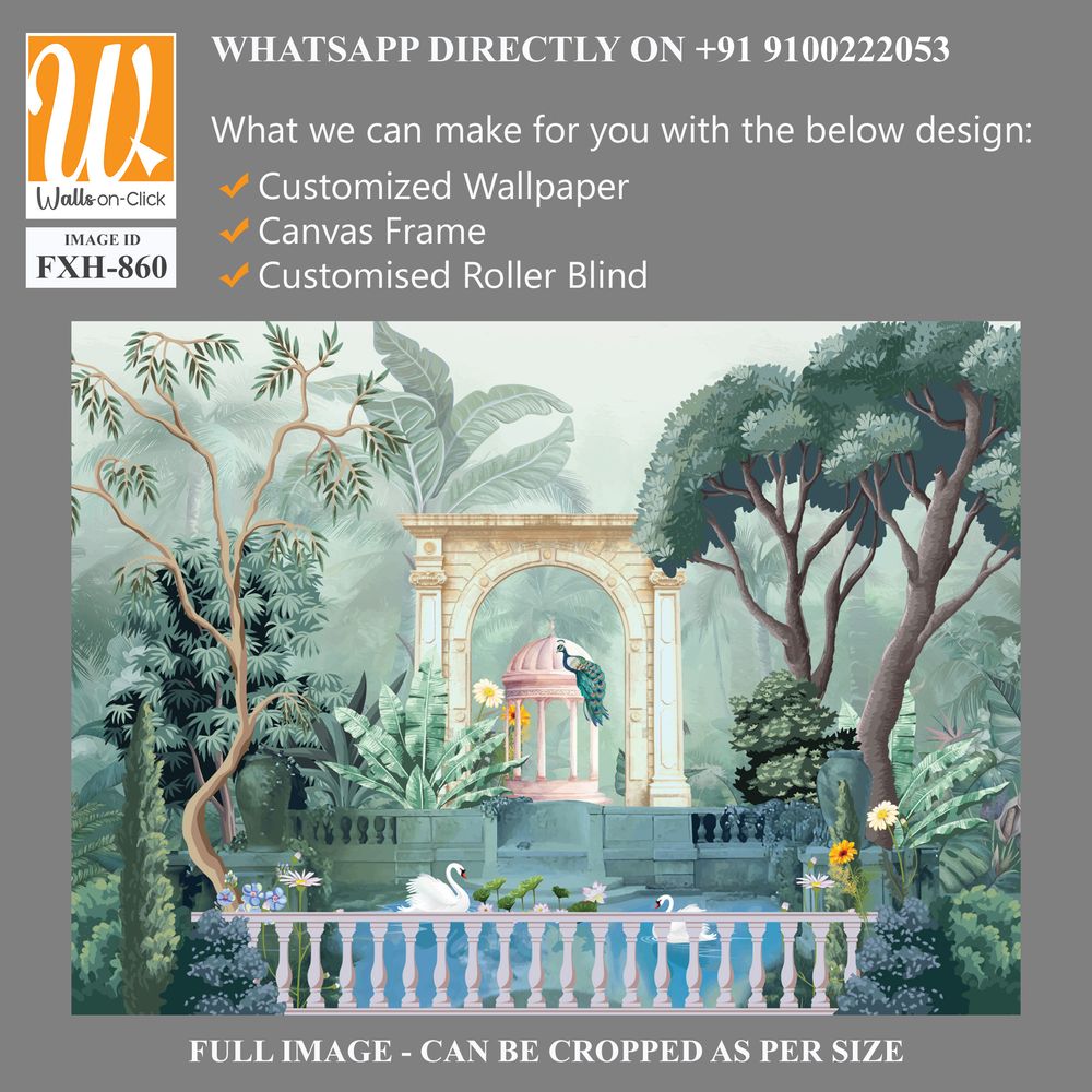 Mughal garden with pond, arch illustration for wallpaper. Dome Peacock, Botanical tree landscape illustration and swan in a beautiful lake. [WP-FXH-860]