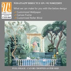 Mughal garden with pond, arch illustration for wallpaper. Dome Peacock, Botanical tree landscape illustration and swan in a beautiful lake. [WP-FXH-860]