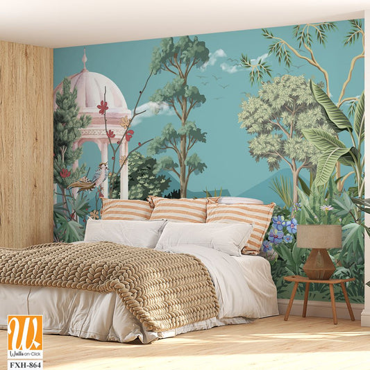 Majestic Greek Garden Panorama with Greek Ancient. peacock, plant botanical illustration. Greek wallpaper design, landscape illustration. [WP-FXH-864]