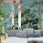 Majestic Greek Garden Panorama with Greek Ancient. peacock, plant botanical illustration. Greek wallpaper design, landscape illustration. [WP-FXH-864]