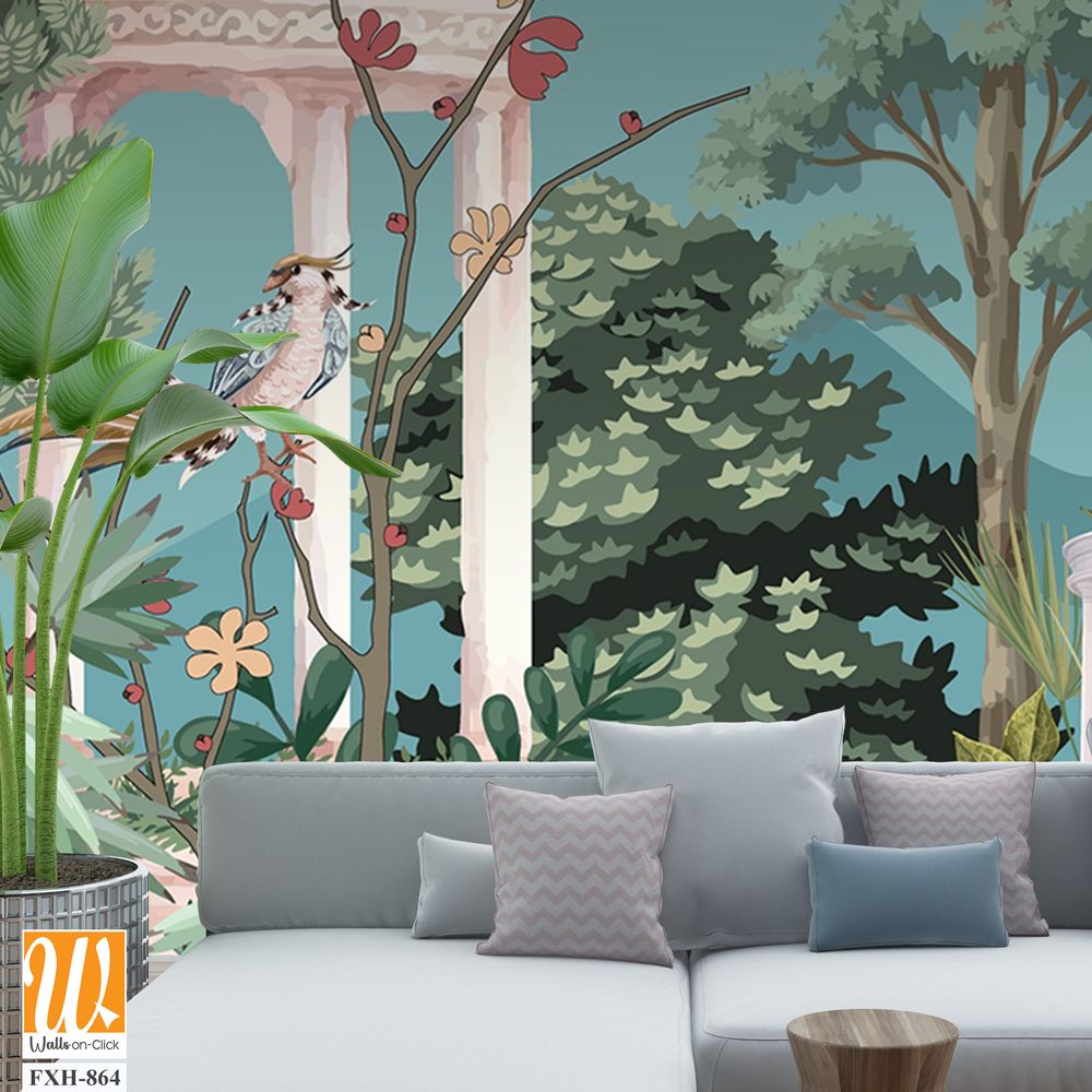 Majestic Greek Garden Panorama with Greek Ancient. peacock, plant botanical illustration. Greek wallpaper design, landscape illustration. [WP-FXH-864]