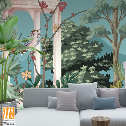 Majestic Greek Garden Panorama with Greek Ancient. peacock, plant botanical illustration. Greek wallpaper design, landscape illustration. [WP-FXH-864]
