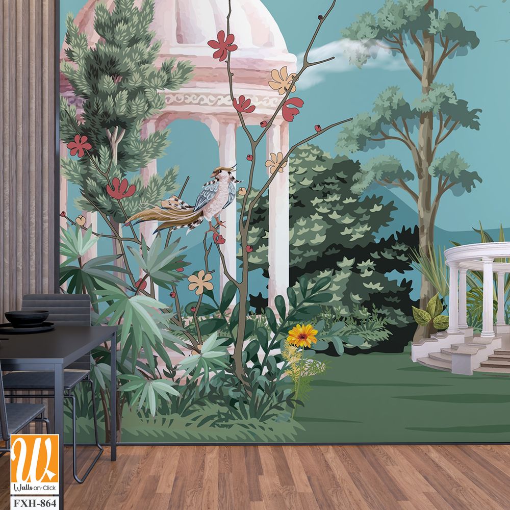 Majestic Greek Garden Panorama with Greek Ancient. peacock, plant botanical illustration. Greek wallpaper design, landscape illustration. [WP-FXH-864]