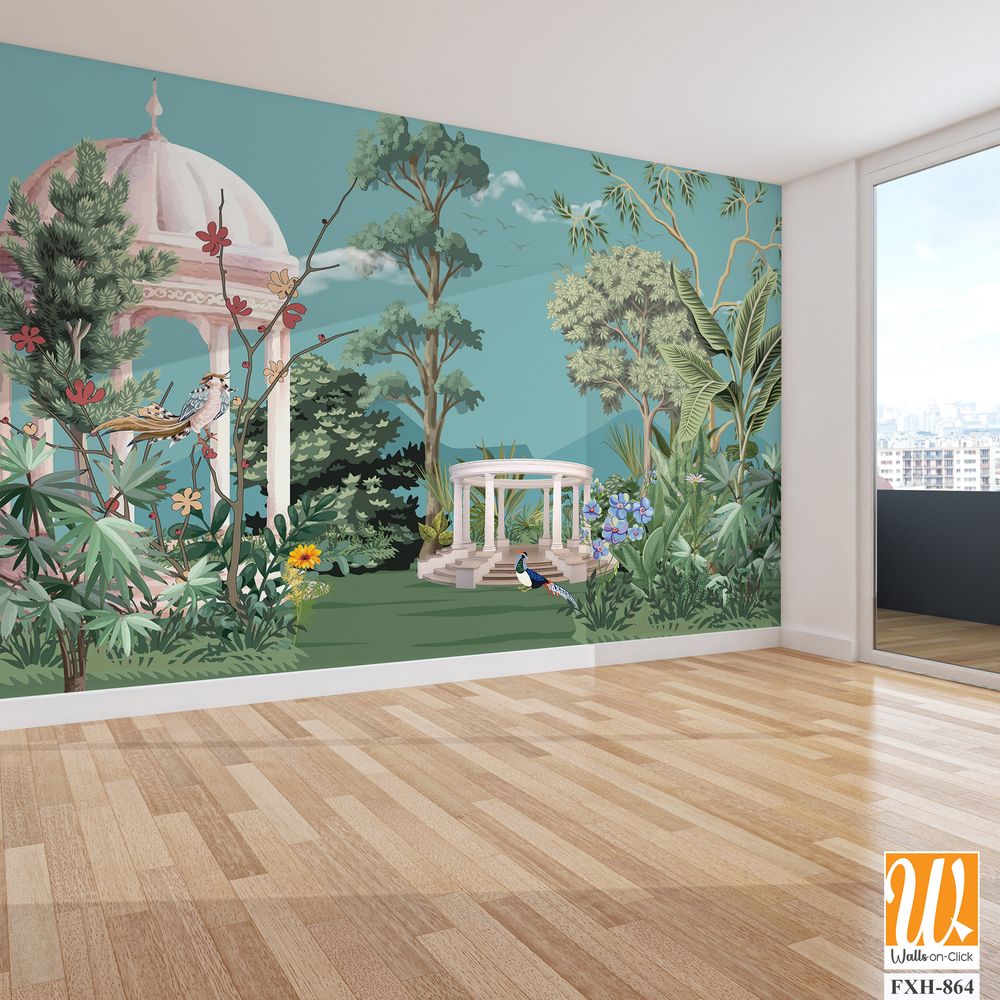Majestic Greek Garden Panorama with Greek Ancient. peacock, plant botanical illustration. Greek wallpaper design, landscape illustration. [WP-FXH-864]
