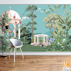 Majestic Greek Garden Panorama with Greek Ancient. peacock, plant botanical illustration. Greek wallpaper design, landscape illustration. [WP-FXH-864]