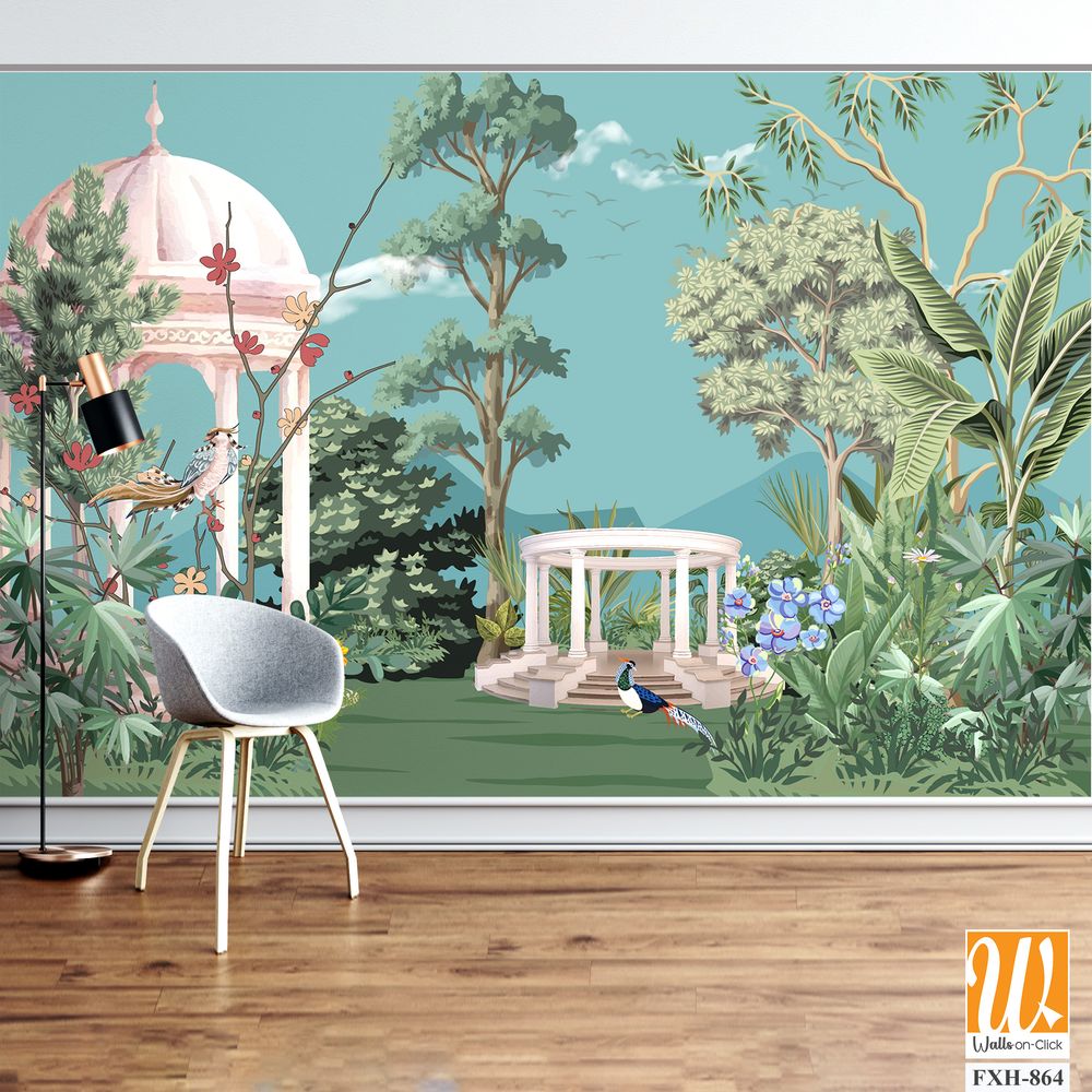 Majestic Greek Garden Panorama with Greek Ancient. peacock, plant botanical illustration. Greek wallpaper design, landscape illustration. [WP-FXH-864]