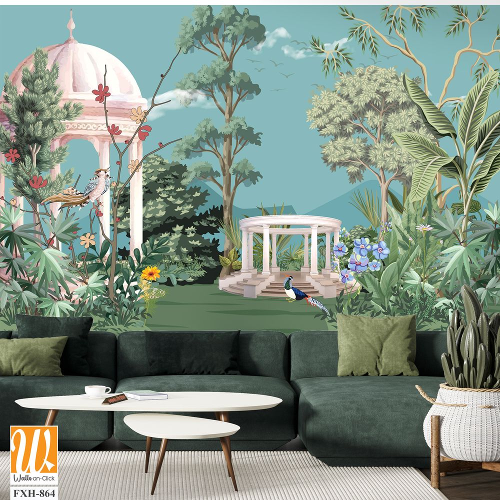 Majestic Greek Garden Panorama with Greek Ancient. peacock, plant botanical illustration. Greek wallpaper design, landscape illustration. [WP-FXH-864]