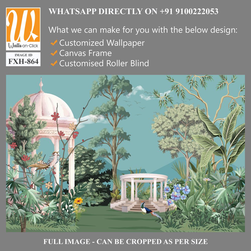Majestic Greek Garden Panorama with Greek Ancient. peacock, plant botanical illustration. Greek wallpaper design, landscape illustration. [WP-FXH-864]