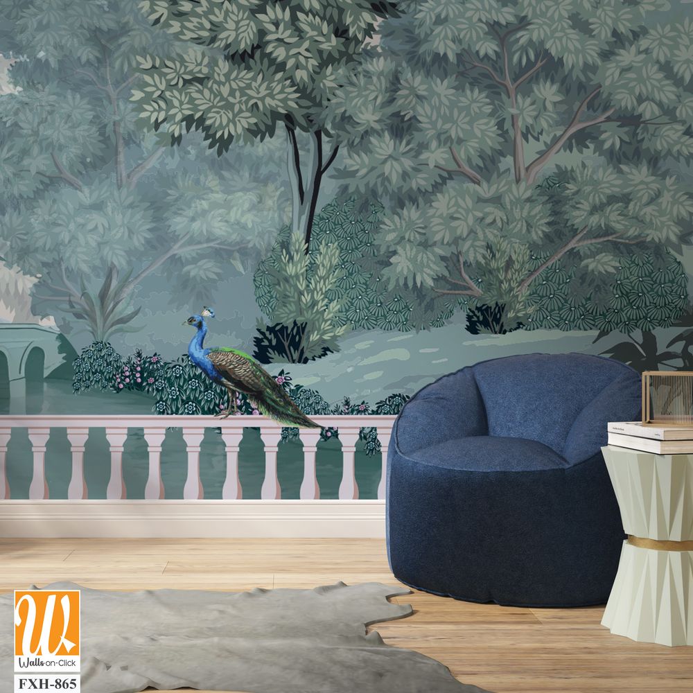Mughal bridge in Lake. Peacock, Botanical tree landscape illustration and swan in a beautiful lake. [WP-FXH-865]