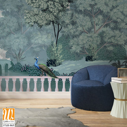 Mughal bridge in Lake. Peacock, Botanical tree landscape illustration and swan in a beautiful lake. [WP-FXH-865]