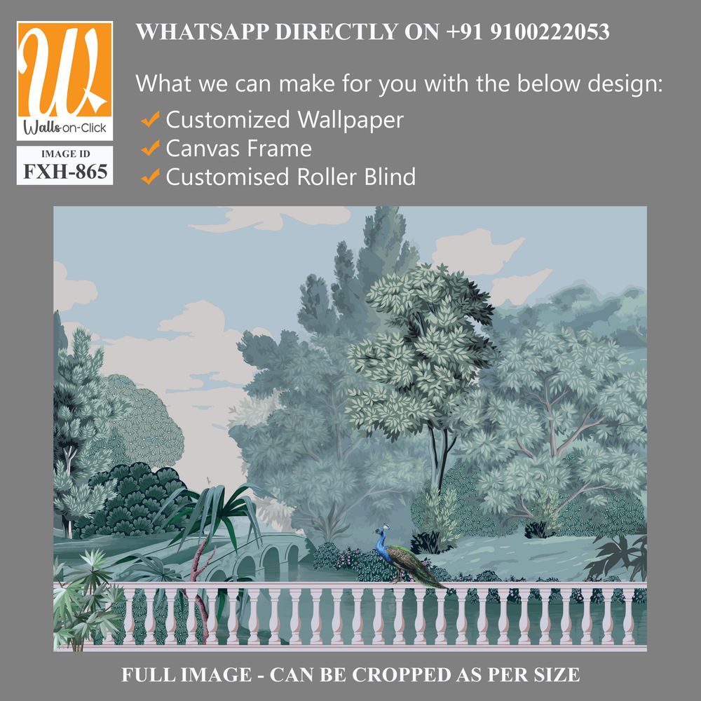 Mughal bridge in Lake. Peacock, Botanical tree landscape illustration and swan in a beautiful lake. [WP-FXH-865]