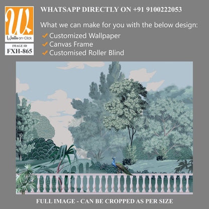 Mughal bridge in Lake. Peacock, Botanical tree landscape illustration and swan in a beautiful lake. [WP-FXH-865]
