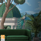 Mughal bridge in Lake with dome. Peacock, Botanical tree landscape illustration and swan in a beautiful lake. [WP-FXH-866]