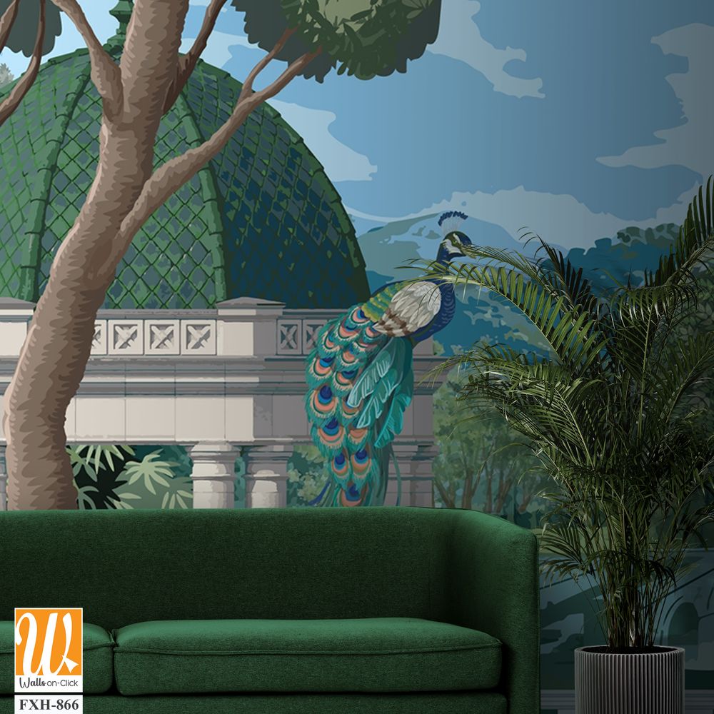 Mughal bridge in Lake with dome. Peacock, Botanical tree landscape illustration and swan in a beautiful lake. [WP-FXH-866]