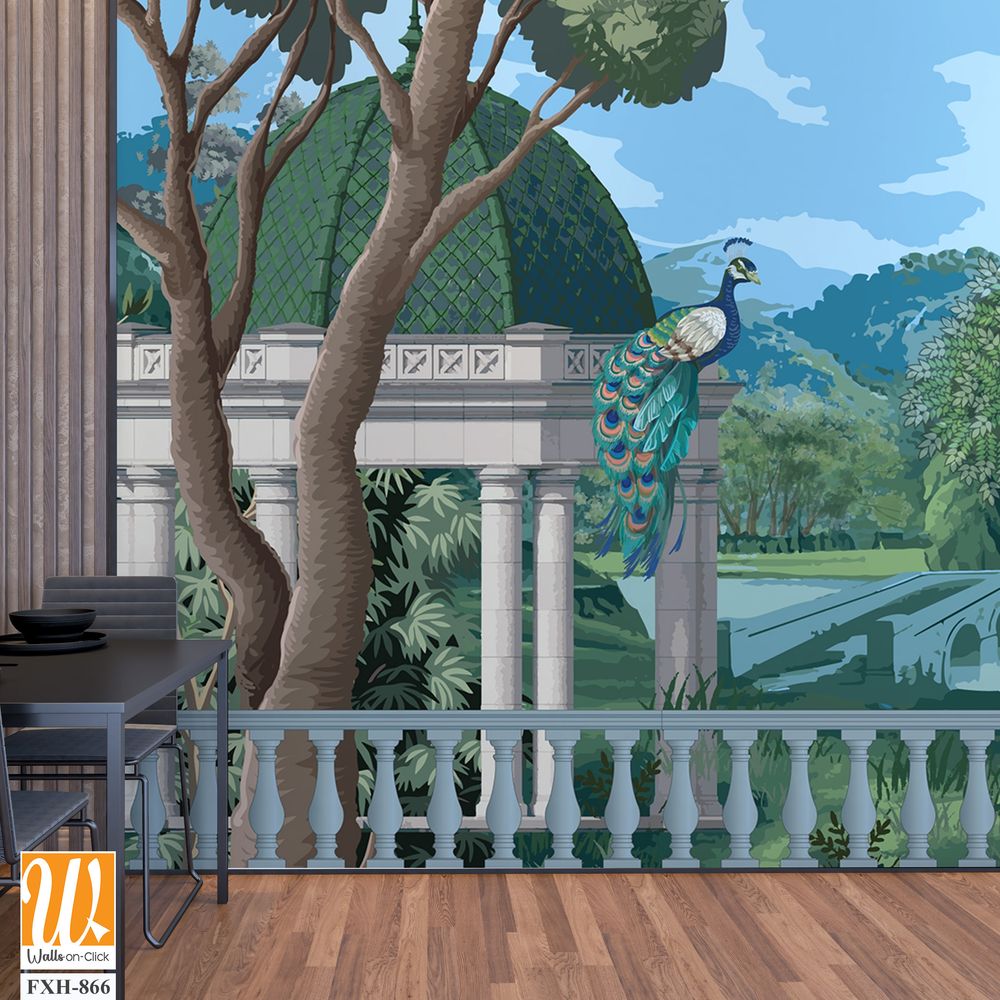 Mughal bridge in Lake with dome. Peacock, Botanical tree landscape illustration and swan in a beautiful lake. [WP-FXH-866]