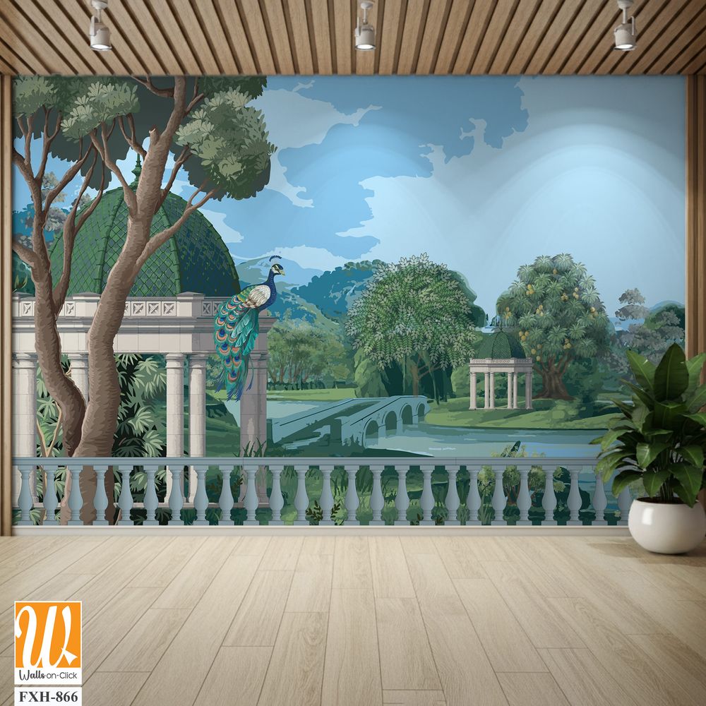 Mughal bridge in Lake with dome. Peacock, Botanical tree landscape illustration and swan in a beautiful lake. [WP-FXH-866]