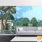 Mughal bridge in Lake with dome. Peacock, Botanical tree landscape illustration and swan in a beautiful lake. [WP-FXH-866]