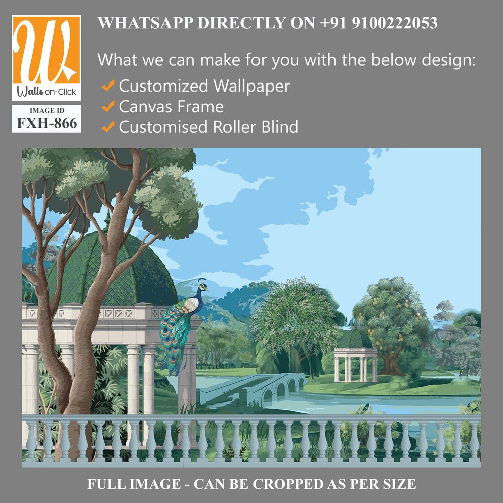 Mughal bridge in Lake with dome. Peacock, Botanical tree landscape illustration and swan in a beautiful lake. [WP-FXH-866]