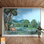 Mughal bridge in Lake, Traditional Mughal queen sitting in garden. Peacock, Botanical tree landscape illustration and swan in a beautiful lake. [WP-FXH-867]