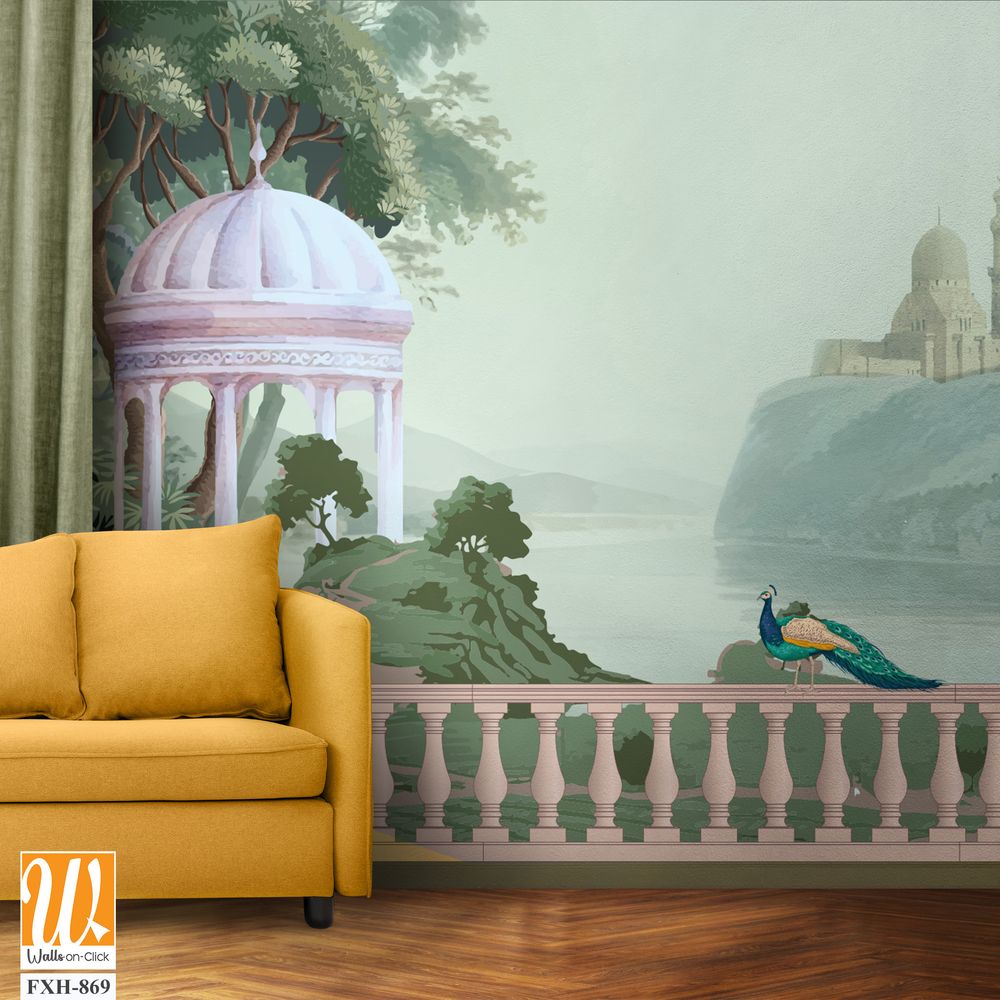 Mughal Lake Garden With arch. peacock, Mughal architecture illustration wallpaper. Botanical landscape illustration. [WP-FXH-869]