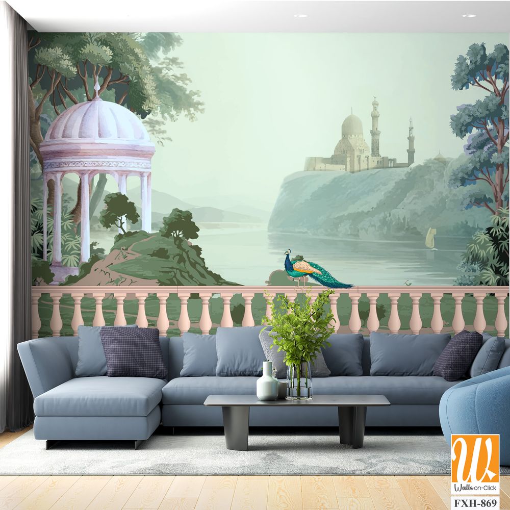 Mughal Lake Garden With arch. peacock, Mughal architecture illustration wallpaper. Botanical landscape illustration. [WP-FXH-869]