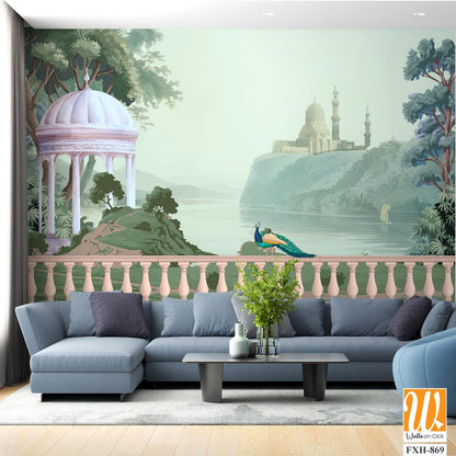 Mughal Lake Garden With arch. peacock, Mughal architecture illustration wallpaper. Botanical landscape illustration. [WP-FXH-869]