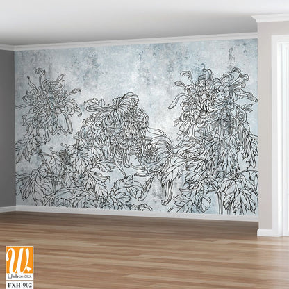 Contour peony on texture, art drawing, wallpaper [WP-FXH-902]